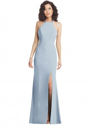 Azul cielo claro Trompeta Halter Cuello Alto Crepé Elástico Largo Formales Vestidos de dama de honor / Vestidos de fiesta Al Por Mayor