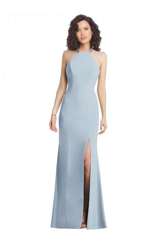 Azul cielo claro Trompeta Halter Cuello Alto Crepé Elástico Largo Formales Vestidos de dama de honor / Vestidos de fiesta Al Por Mayor