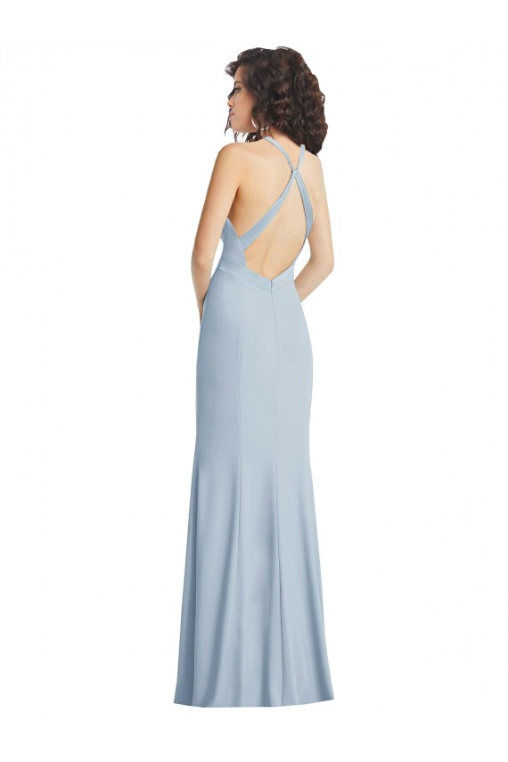 Azul cielo claro Trompeta Halter Cuello Alto Crepé Elástico Largo Formales Vestidos de dama de honor / Vestidos de fiesta Al Por Mayor