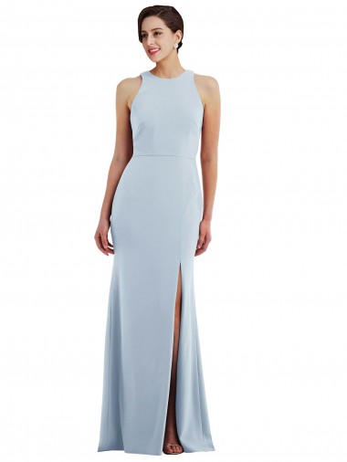 Azul cielo claro Trompeta Halter Cuello joya Crepé Elástico Largo Formales Vestidos de dama de honor / Vestidos de fiesta Al Por Mayor