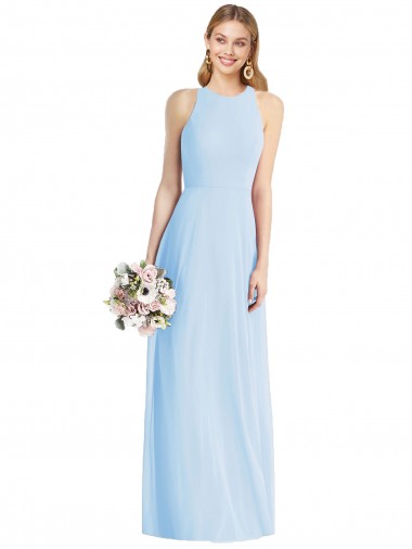 Azul cielo claro Trompeta Halter Gasa Largo Vestidos de dama de honor Al Por Mayor