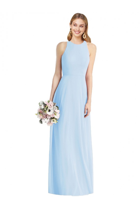 Azul cielo claro Trompeta Halter Gasa Largo Vestidos de dama de honor Al Por Mayor