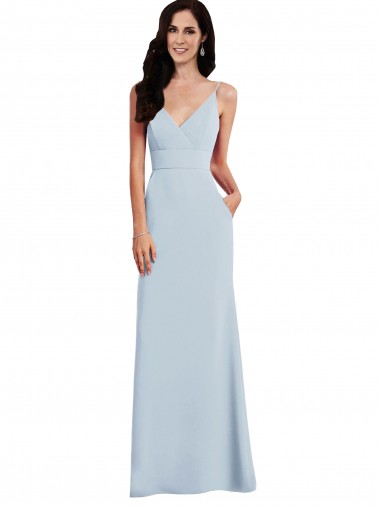 Azul cielo claro Trompeta Tirantes espagueti Cuello en V Crepé Elástico Largo Vestidos de dama de honor / Vestidos de fiesta Al Por Mayor