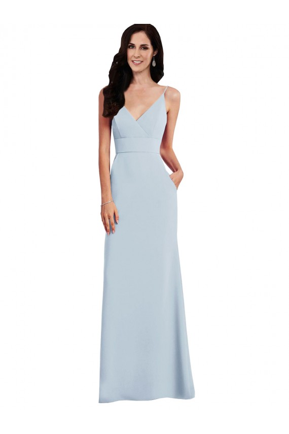 Azul cielo claro Trompeta Tirantes espagueti Cuello en V Crepé Elástico Largo Vestidos de dama de honor / Vestidos de fiesta Al Por Mayor