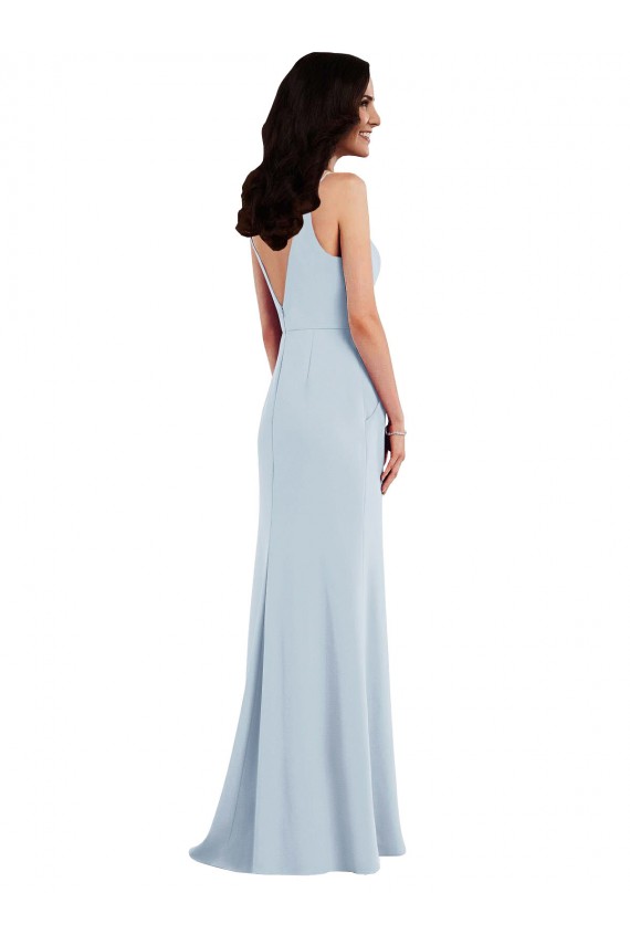 Azul cielo claro Trompeta Tirantes espagueti Cuello en V Crepé Elástico Largo Vestidos de dama de honor / Vestidos de fiesta Al Por Mayor