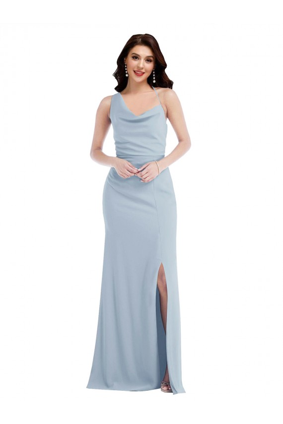 Azul cielo claro Trompeta Un Hombre Crepé Elástico Largo Vestidos de dama de honor / Vestidos de fiesta Al Por Mayor