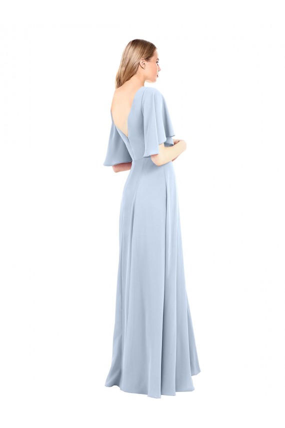 Azul cielo claro línea A Cuello en V Gasa Largo Vestidos de dama de honor Al Por Mayor