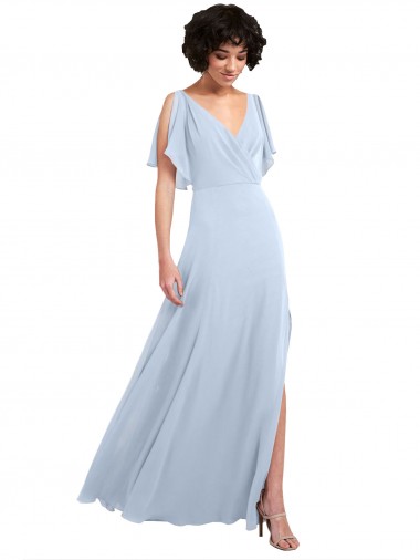 Azul cielo claro línea A Cuello en V Gasa Largo Vestidos de dama de honor Al Por Mayor