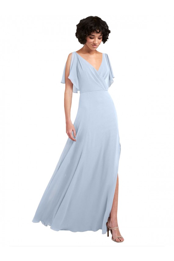 Azul cielo claro línea A Cuello en V Gasa Largo Vestidos de dama de honor Al Por Mayor