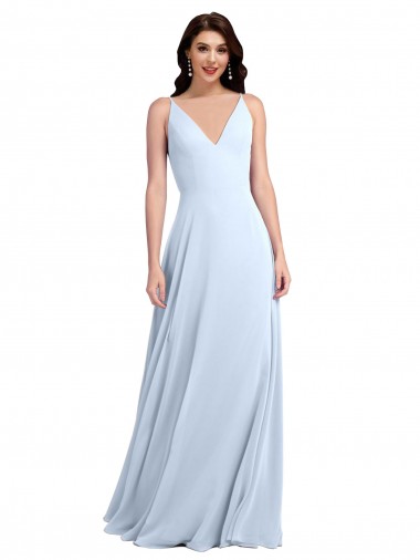 Azul cielo claro línea A Cuello en V Gasa Largo Vestidos de dama de honor Al Por Mayor