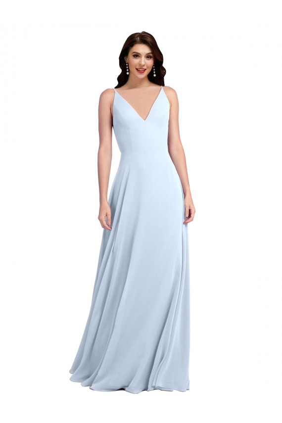 Azul cielo claro línea A Cuello en V Gasa Largo Vestidos de dama de honor Al Por Mayor