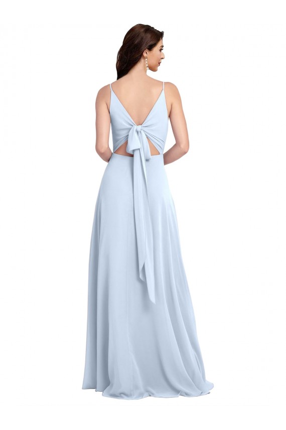 Azul cielo claro línea A Cuello en V Gasa Largo Vestidos de dama de honor Al Por Mayor