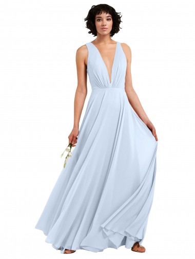 Azul cielo claro línea A Cuello en V Gasa Largo Vestidos de dama de honor Al Por Mayor