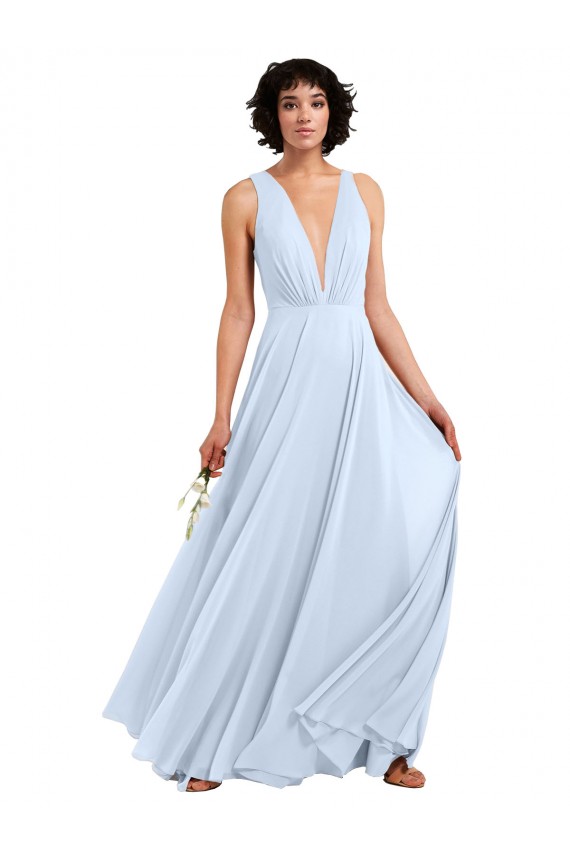 Azul cielo claro línea A Cuello en V Gasa Largo Vestidos de dama de honor Al Por Mayor