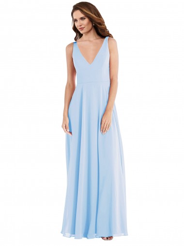 Azul cielo claro línea A Cuello en V Gasa Largo Vestidos de dama de honor Al Por Mayor