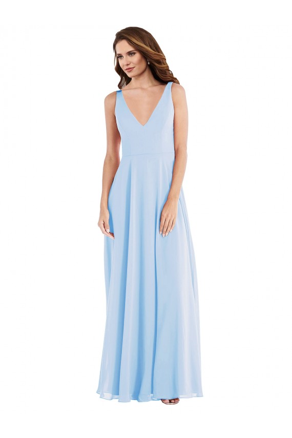 Azul cielo claro línea A Cuello en V Gasa Largo Vestidos de dama de honor Al Por Mayor