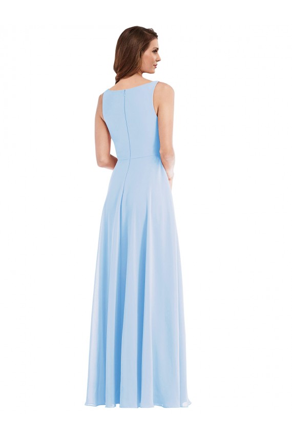 Azul cielo claro línea A Cuello en V Gasa Largo Vestidos de dama de honor Al Por Mayor