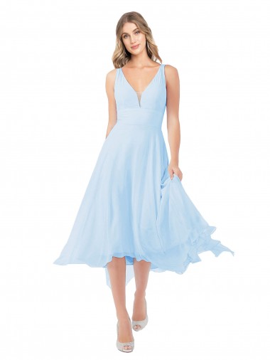 Azul cielo claro línea A Cuello en V Midi Gasa Corto Vestidos de dama de honor / Vestidos de cóctel Al Por Mayor