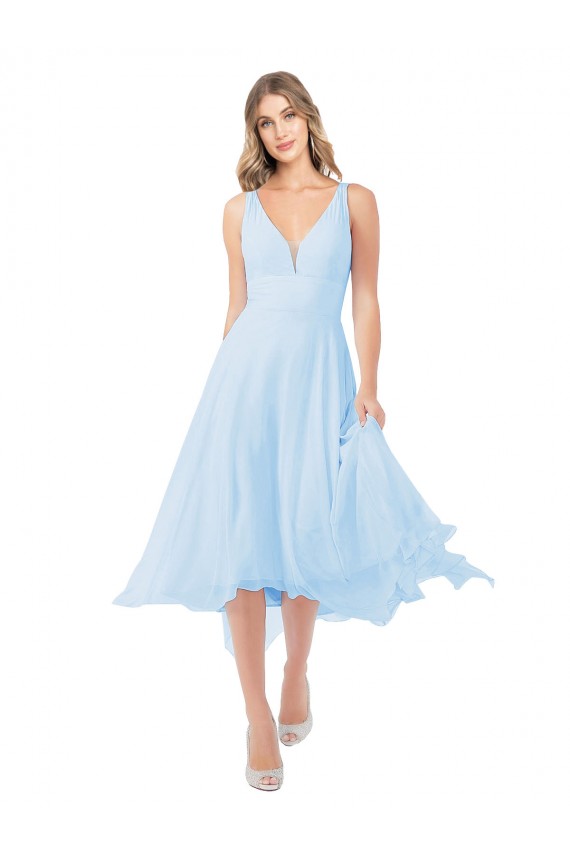 Azul cielo claro línea A Cuello en V Midi Gasa Corto Vestidos de dama de honor / Vestidos de cóctel Al Por Mayor