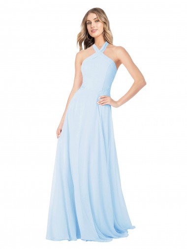 Azul cielo claro línea A Halter Cuello Alto Gasa Largo Vestidos de dama de honor Al Por Mayor