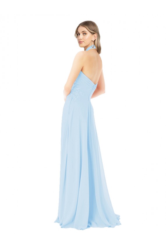 Azul cielo claro línea A Halter Cuello Alto Gasa Largo Vestidos de dama de honor Al Por Mayor