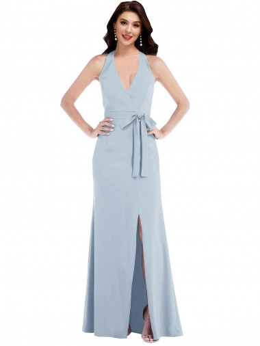 Azul cielo claro línea A Halter Cuello en V Crepé Elástico Largo Formales Vestidos de dama de honor / Vestidos de fiesta Al Por Mayor