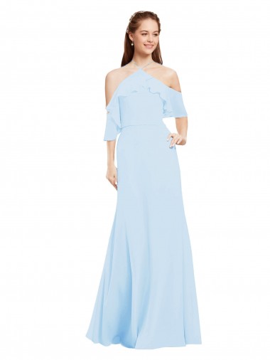 Azul cielo claro línea A Halter Gasa Largo Vestidos de dama de honor Al Por Mayor
