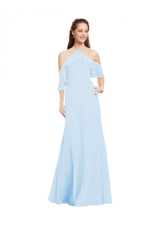 Azul cielo claro línea A Halter Gasa Largo Vestidos de dama de honor Al Por Mayor