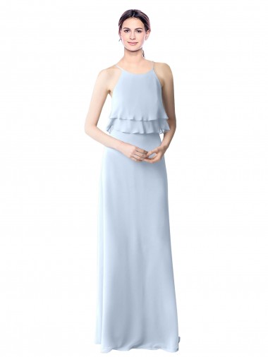 Azul cielo claro línea A Halter Gasa Largo Vestidos de dama de honor Al Por Mayor