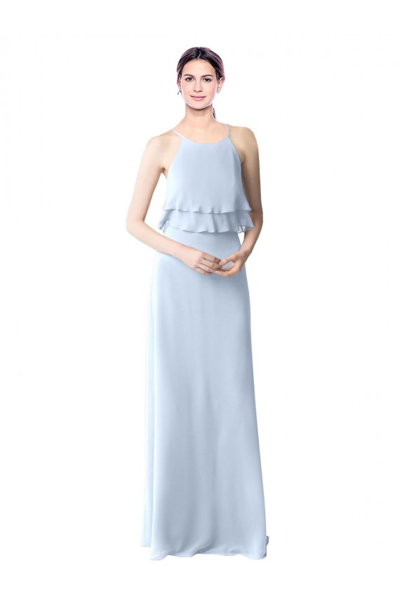 Azul cielo claro línea A Halter Gasa Largo Vestidos de dama de honor Al Por Mayor