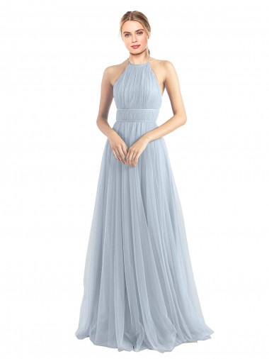 Azul cielo claro línea A Halter Tul Largo Vestidos de dama de honor Al Por Mayor