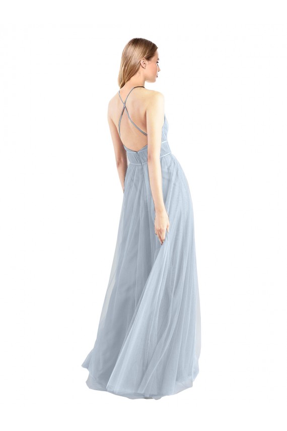 Azul cielo claro línea A Halter Tul Largo Vestidos de dama de honor Al Por Mayor