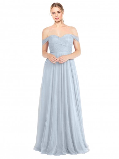 Azul cielo claro línea A Hombros Descubiertos Tul Largo Vestidos de dama de honor Al Por Mayor