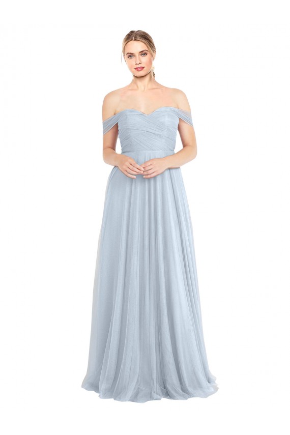 Azul cielo claro línea A Hombros Descubiertos Tul Largo Vestidos de dama de honor Al Por Mayor