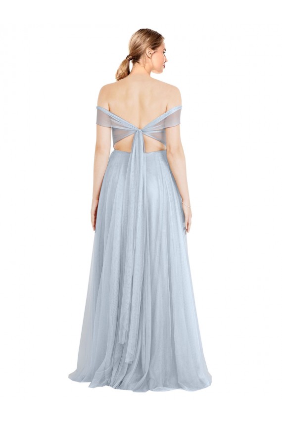 Azul cielo claro línea A Hombros Descubiertos Tul Largo Vestidos de dama de honor Al Por Mayor