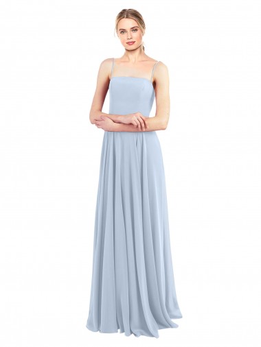 Azul cielo claro línea A Tirantes espagueti Cuadrado Gasa Largo Vestidos de dama de honor Al Por Mayor