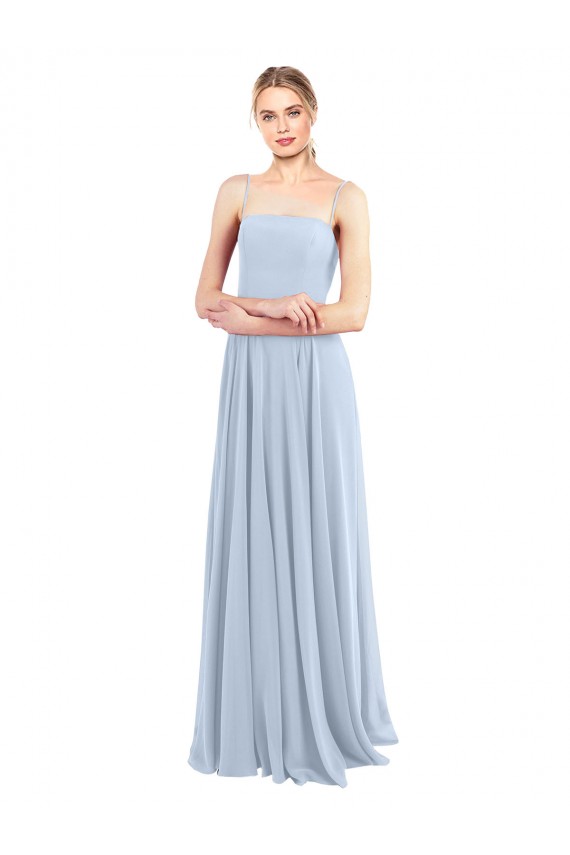 Azul cielo claro línea A Tirantes espagueti Cuadrado Gasa Largo Vestidos de dama de honor Al Por Mayor