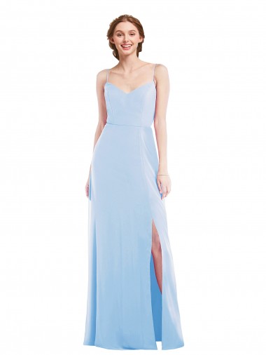 Azul cielo claro línea A Tirantes espagueti Cuello en V Gasa Largo Formales Vestidos de dama de honor / Vestidos de noche Al Por Mayor