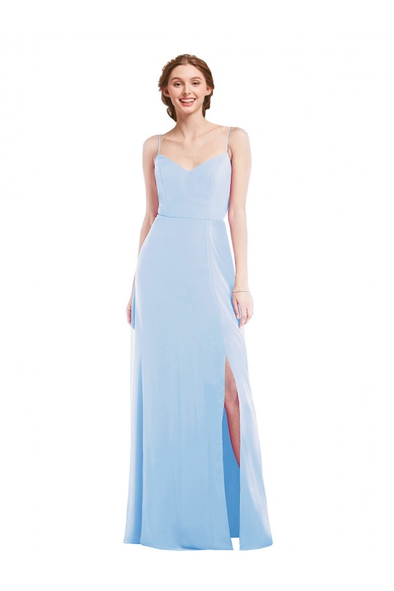 Azul cielo claro línea A Tirantes espagueti Cuello en V Gasa Largo Formales Vestidos de dama de honor / Vestidos de noche Al Por Mayor