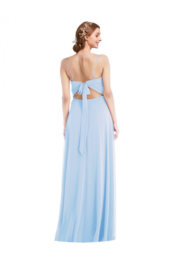 Azul cielo claro línea A Tirantes espagueti Cuello en V Gasa Largo Formales Vestidos de dama de honor / Vestidos de noche Al Por Mayor