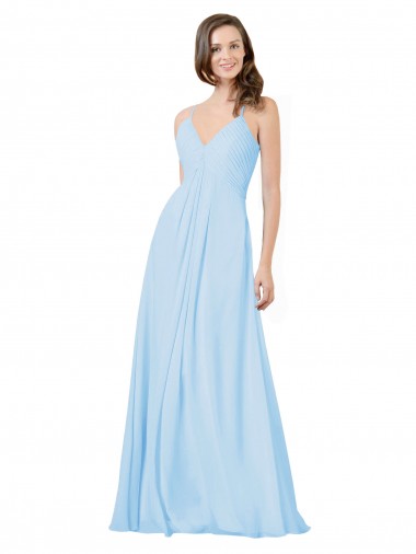Azul cielo claro línea A Tirantes espagueti Cuello en V Gasa Largo Vestidos de dama de honor Al Por Mayor