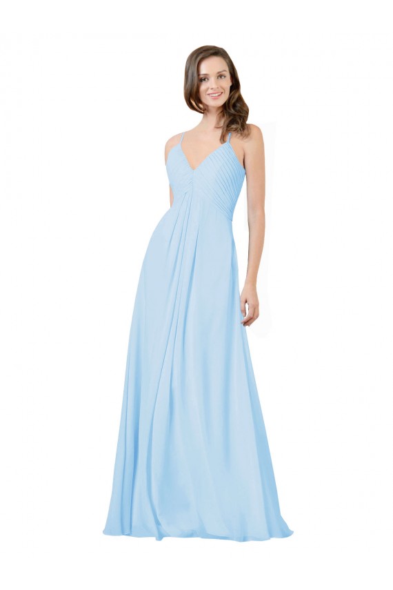 Azul cielo claro línea A Tirantes espagueti Cuello en V Gasa Largo Vestidos de dama de honor Al Por Mayor