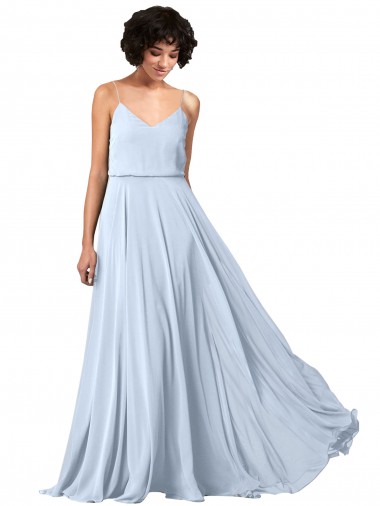 Azul cielo claro línea A Tirantes espagueti Cuello en V Gasa Largo Vestidos de dama de honor Al Por Mayor