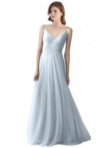 Azul cielo claro línea A Tirantes espagueti Cuello en V Tul Largo Vestidos de dama de honor Al Por Mayor