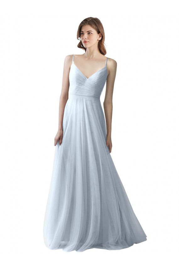 Azul cielo claro línea A Tirantes espagueti Cuello en V Tul Largo Vestidos de dama de honor Al Por Mayor