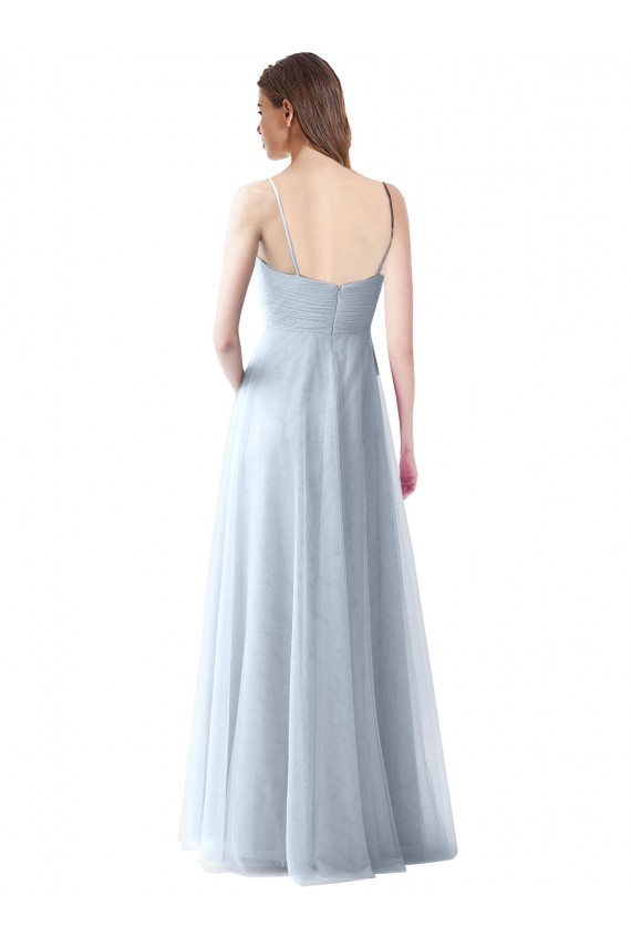 Azul cielo claro línea A Tirantes espagueti Cuello en V Tul Largo Vestidos de dama de honor Al Por Mayor