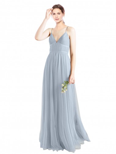 Azul cielo claro línea A Tirantes espagueti Cuello en V Tul Largo Vestidos de dama de honor Al Por Mayor