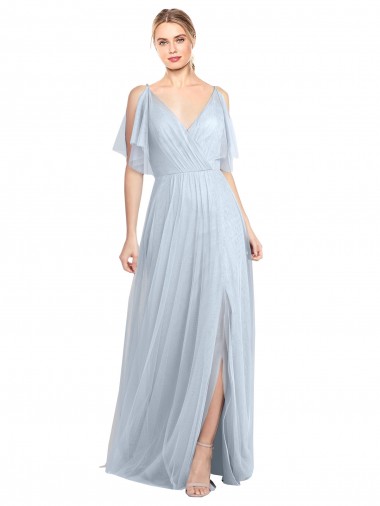Azul cielo claro línea A Tirantes espagueti Cuello en V Tul Largo Vestidos de dama de honor Al Por Mayor