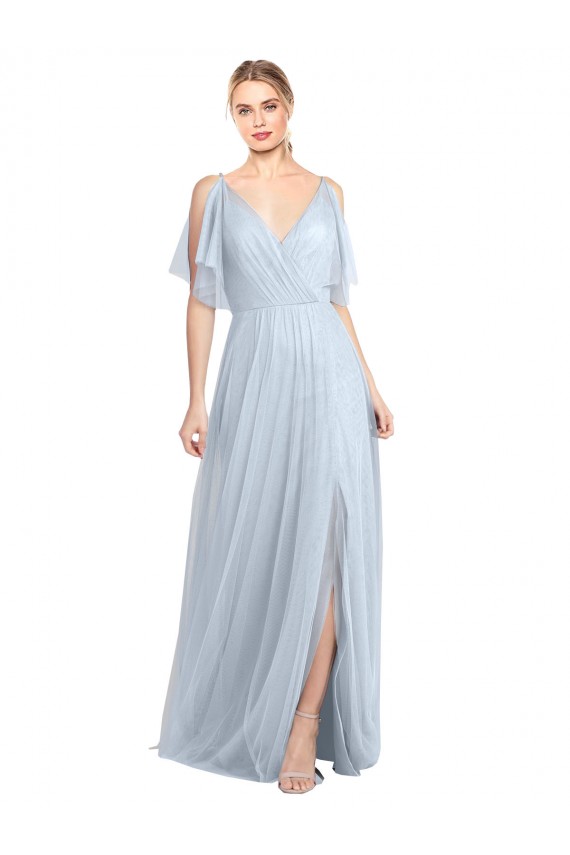 Azul cielo claro línea A Tirantes espagueti Cuello en V Tul Largo Vestidos de dama de honor Al Por Mayor