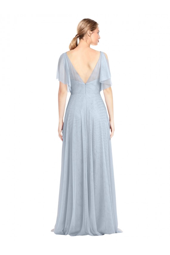 Azul cielo claro línea A Tirantes espagueti Cuello en V Tul Largo Vestidos de dama de honor Al Por Mayor